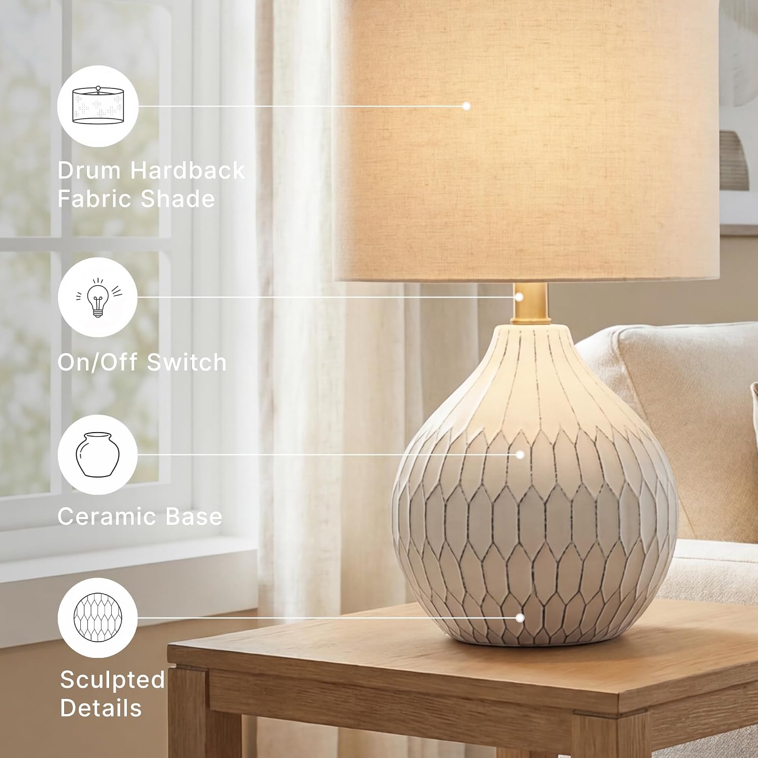 Signature Design By Ashley Wardmont Table Lamp, Compact Bedside Lamp For Nightstand, Retro Dimensional Base With Drum Shade, Antique White Ceramic, 18" H