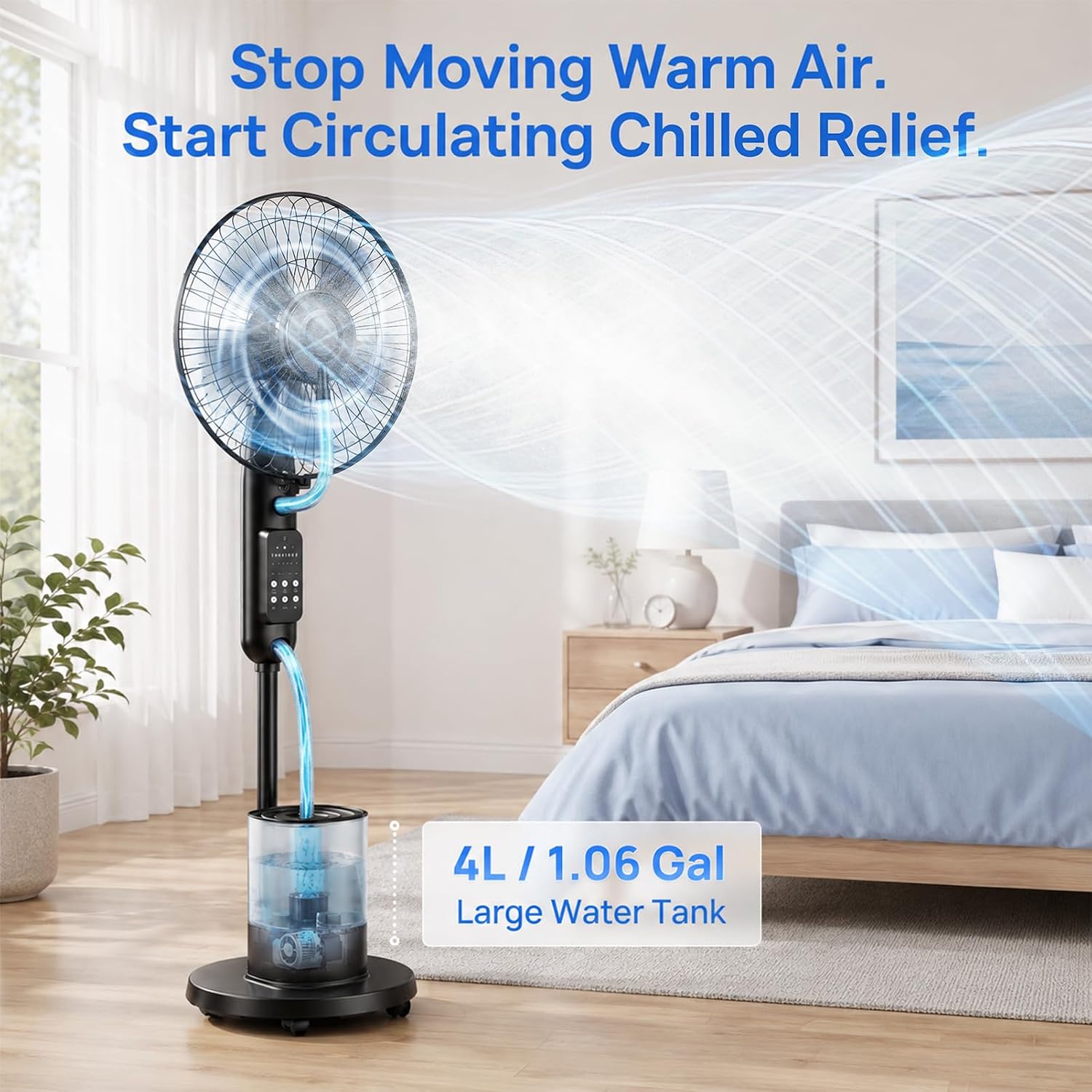 Upgraded Misting Fan With 4L Large Water Tank | 1.06 Gallon Fine Mist Fan, 5 Speeds 3 Modes Misting Standing Fan With Remote, Floor Fan For Home, Bedroom, Patio