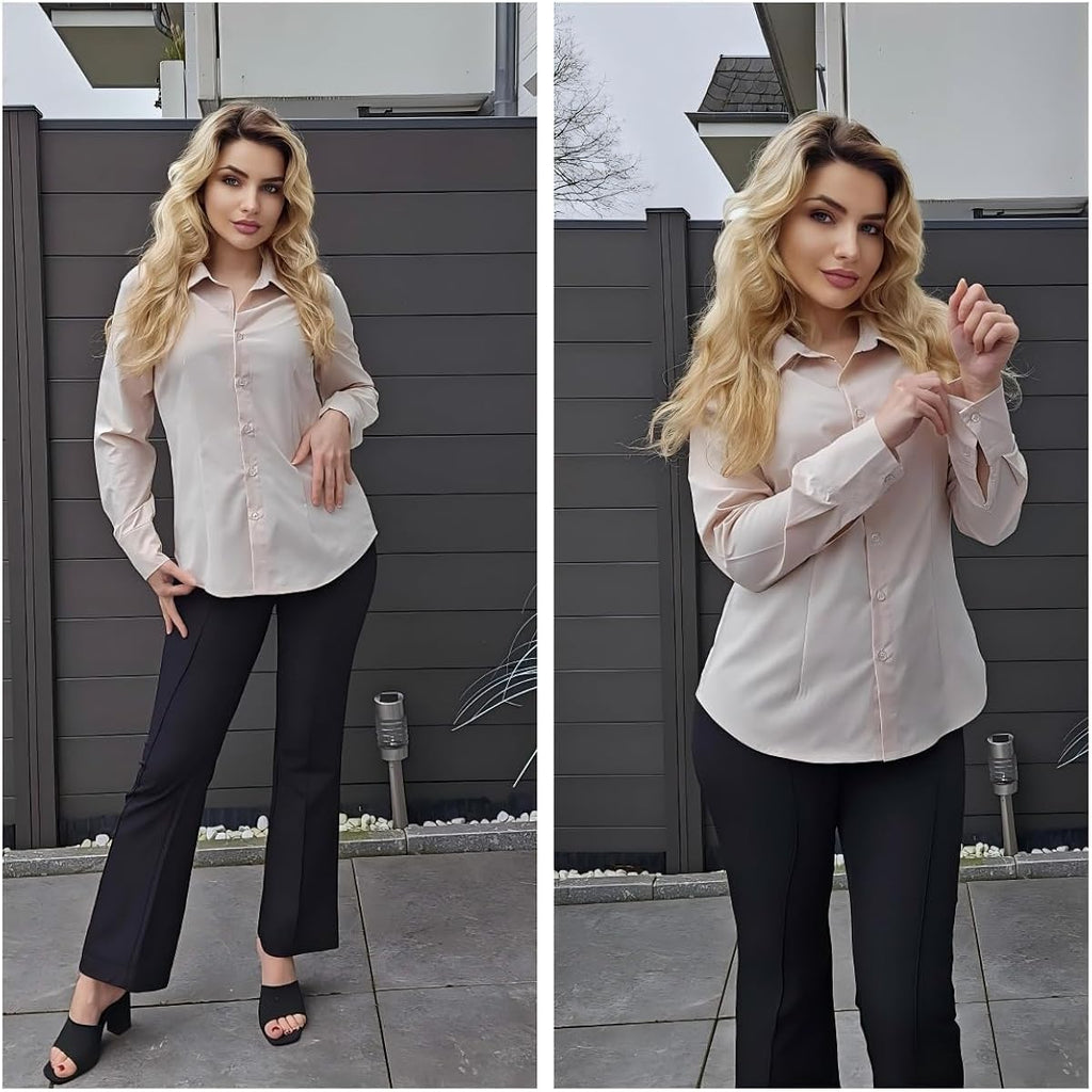 Women's Button Down Shirts Long Sleeve Dress Shirt Slim Fitted Work Tops Collared Dressy Casual Business Blouses