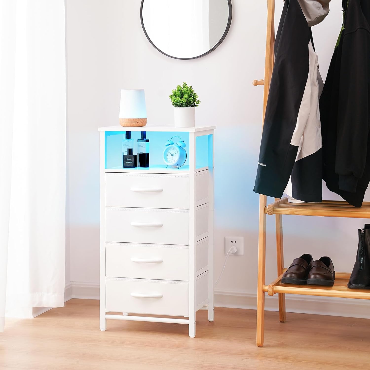 Yoobure Night Stand - Led White Nightstand With Charging Station, Bedside Table With 4 Storage Drawers And Storage Shelf, End Table With Usb Ports And Outlets, Tall Nightstand For Bedroom