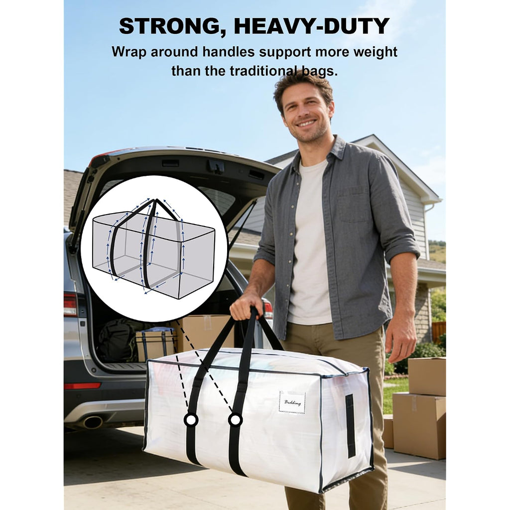 Supports 200Lbs Heavy Duty Moving Bags - Strong Zipper & Wrap-Around Handles - Water-Resistant Storage Totes, Durable Alternative To Moving Boxes - 8 Pack - Semi-Transparent
