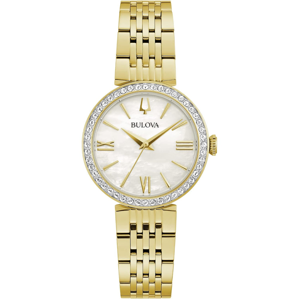 Bulova Ladies' Classic Crystal Stainless Steel 3-Hand Quartz Watch, White Mother-Of-Pearl Dial
