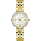 Bulova Ladies' Classic Crystal Stainless Steel 3-Hand Quartz Watch, White Mother-Of-Pearl Dial
