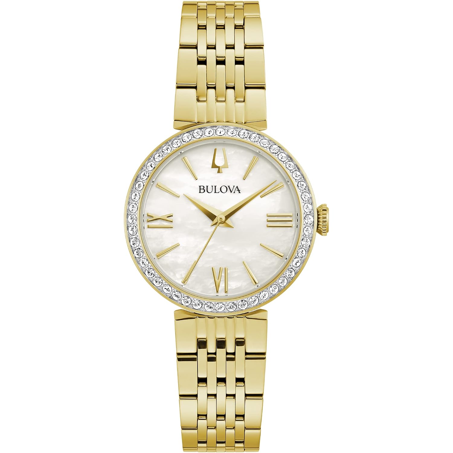 Bulova Ladies' Classic Crystal Stainless Steel 3-Hand Quartz Watch, White Mother-Of-Pearl Dial