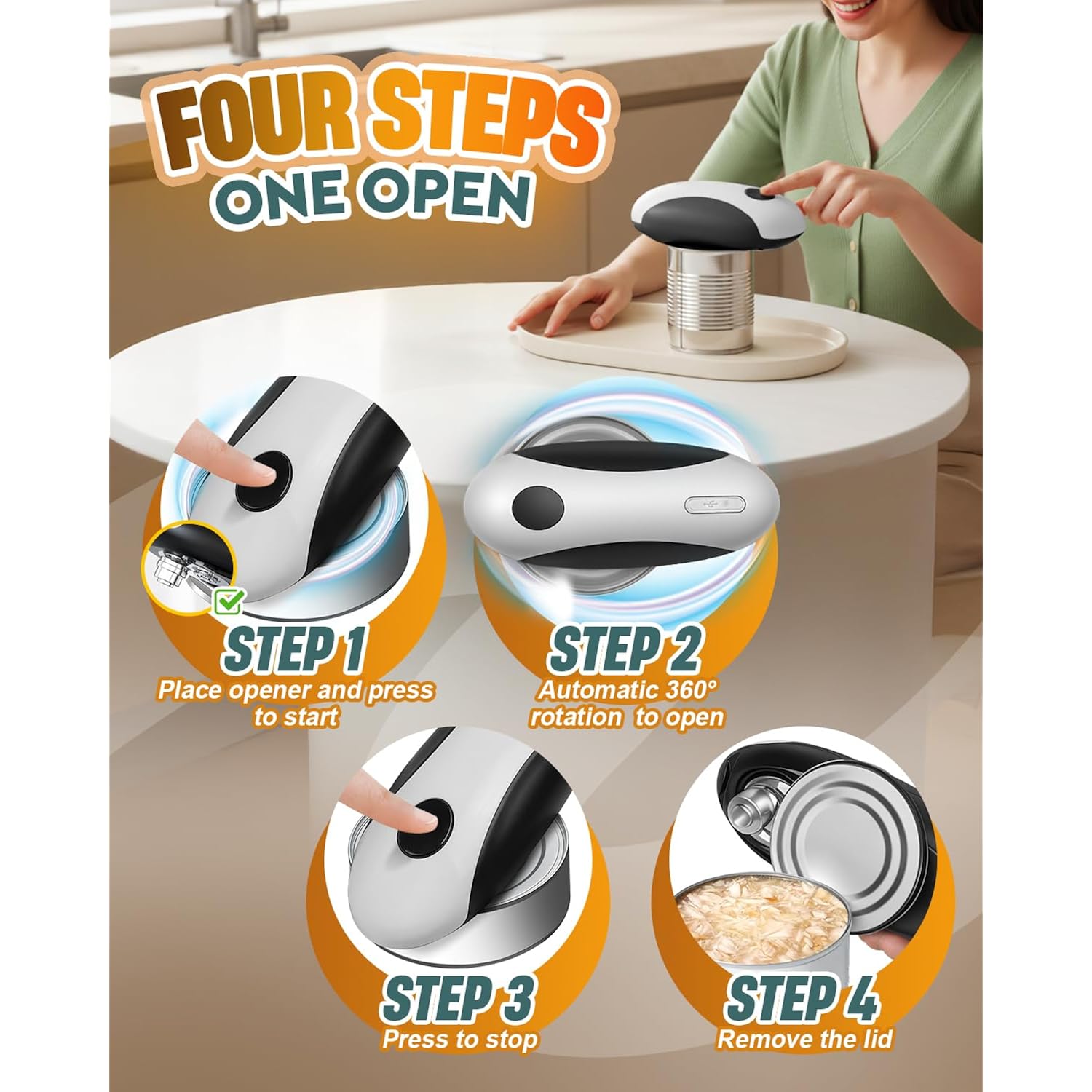 Zoomsnail Electric Can Opener, Automatic Rechargeable Can Openers With One-Touch Smooth Edge & Magnetic Lid - Hands-Free Easy-Grip Opener For Seniors With Arthritis And Most Cans