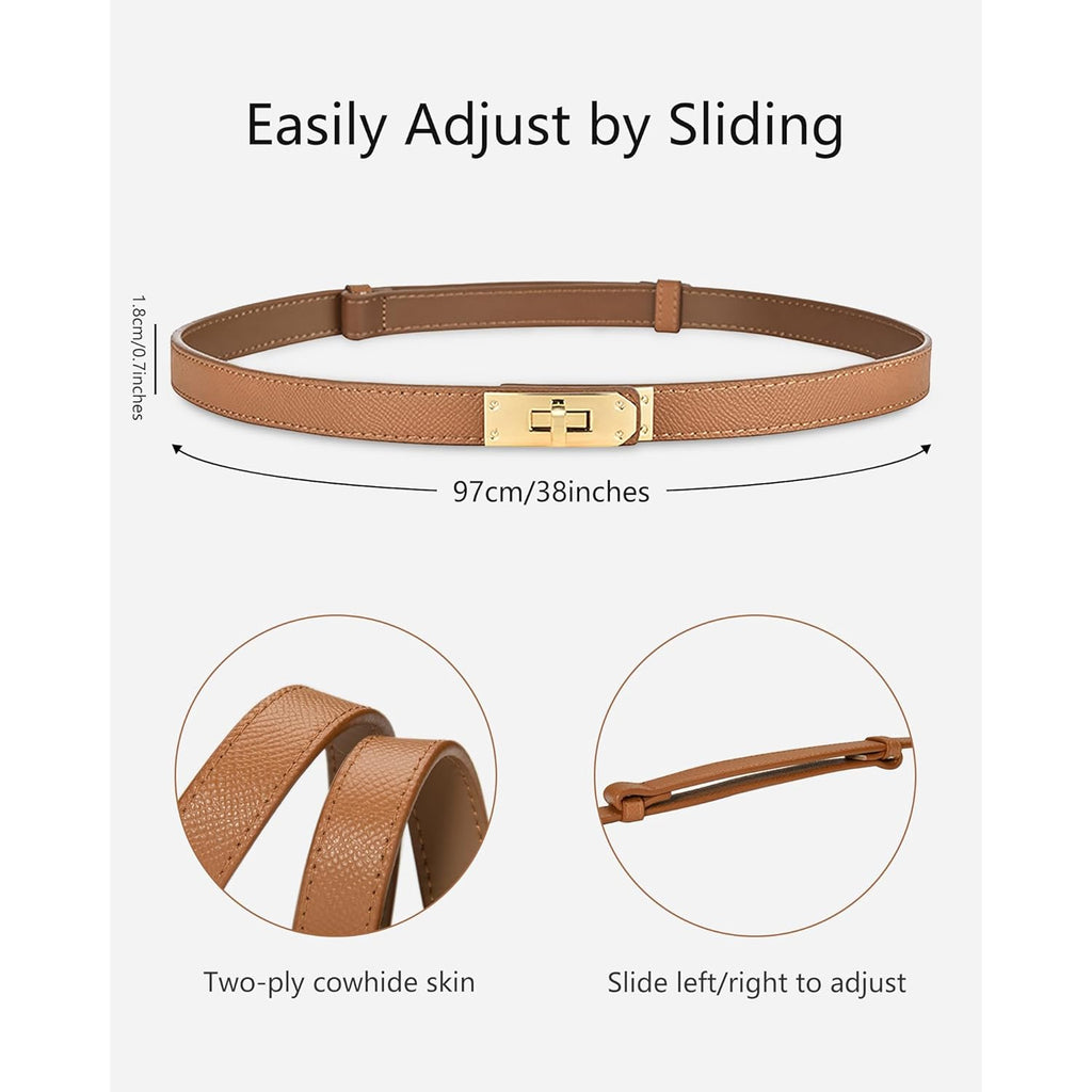 Women's Skinny Leather Belt with Adjustable Silver Turn-Lock Buckle - Ideal for Dresses, Jeans, and Coats, Black