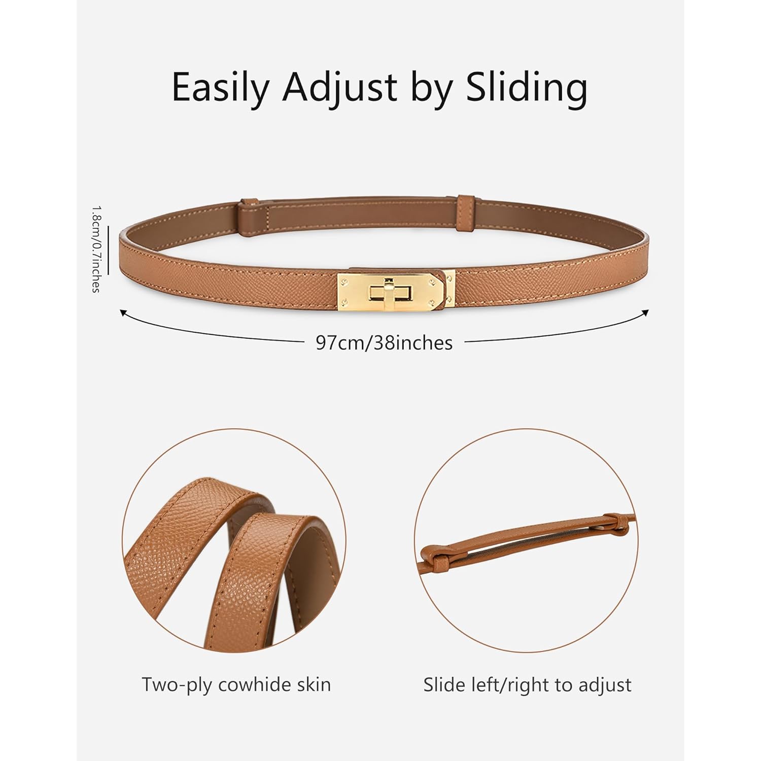 Women's Skinny Leather Belt with Adjustable Silver Turn-Lock Buckle - Ideal for Dresses, Jeans, and Coats, Black