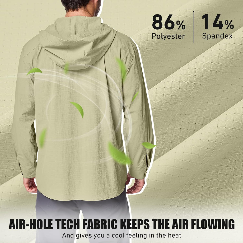 Mens Sun Protection Hiking Fishing Safari Shirts With Hood Long Sleeve Outdoor Quick Dry Shirts Hoodie