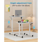 32" Small Electric Rolling Standing Desk Adjustable Height, Mobile Sit Stand Up Desk With Lockable Casters For Home Office & Computer Workstation, Splice Board, 2 Hooks, White Frame/White Top