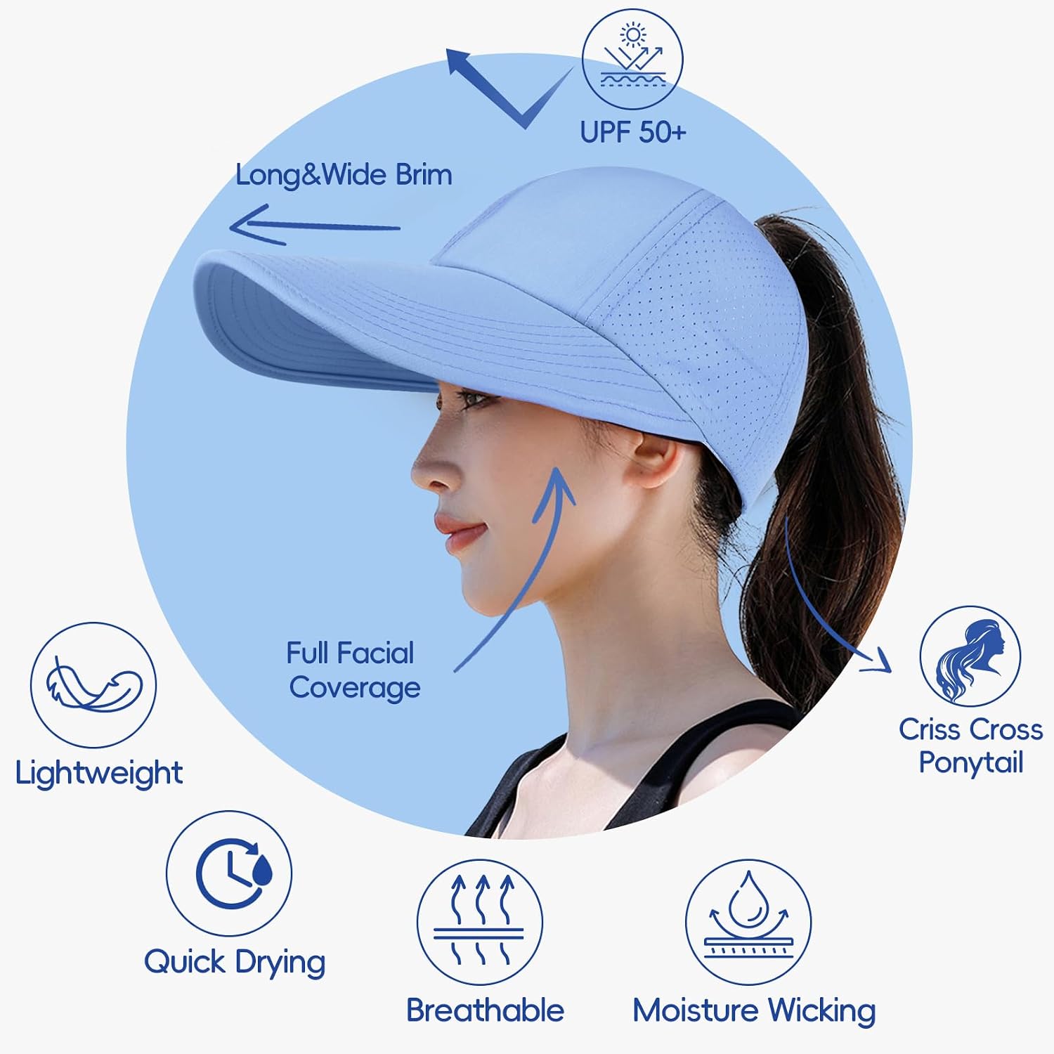 Large Wide Brim Criss Cross Ponytail Baseball Sun Hats For Women Mesh Quick Dry Outdoor Sports Travel Beach Cap