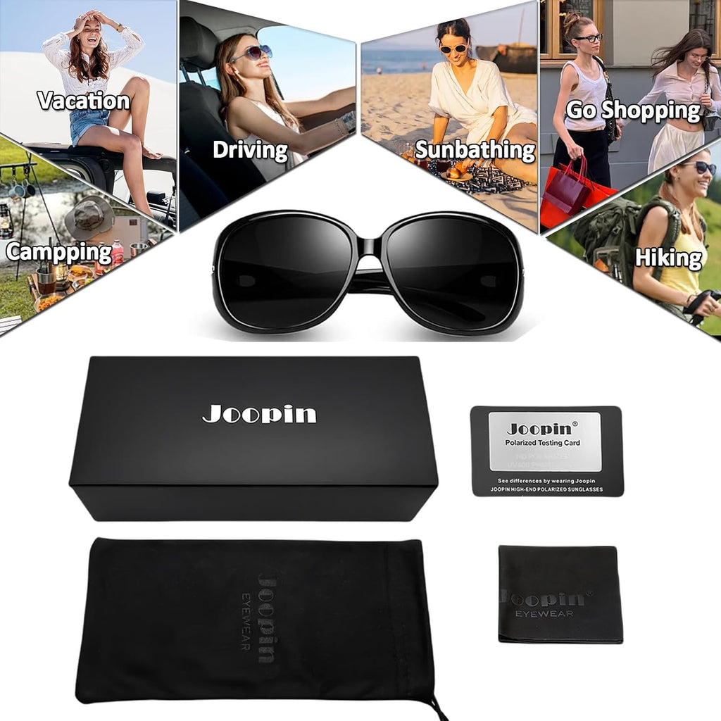 Joopin Big Womens Sunglasses Polarized Trendy Sun Glasses Large Rectangle UV Protection Rhinestone Sunnies A01-black Simple Packaging