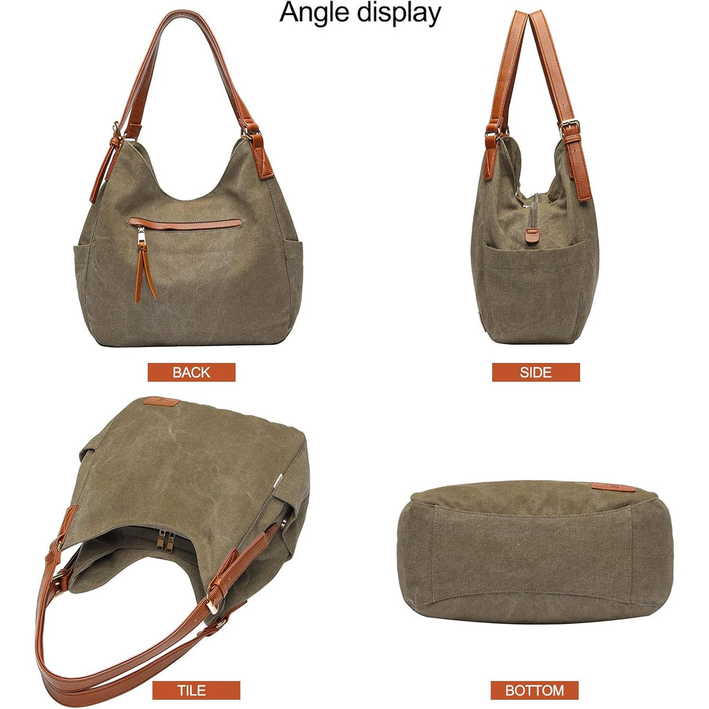 Worldlyda Women Canvas Hobo Purse Multi Pocket Tote Shopper Shoulder Bag Casual Top Handle handbag with Embroidery Ethnic