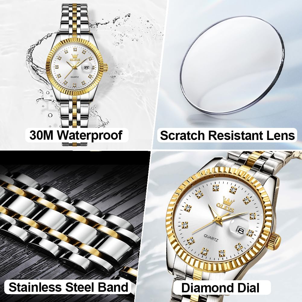 Olevs Women'S Stainless Steel Watch, Luxury Gold Silver Two Tone Easy To Read Analog Quartz Dress Watch For Women, Elegant Waterproof Luminous Calendar Date Ladies Watches For Small Wrists