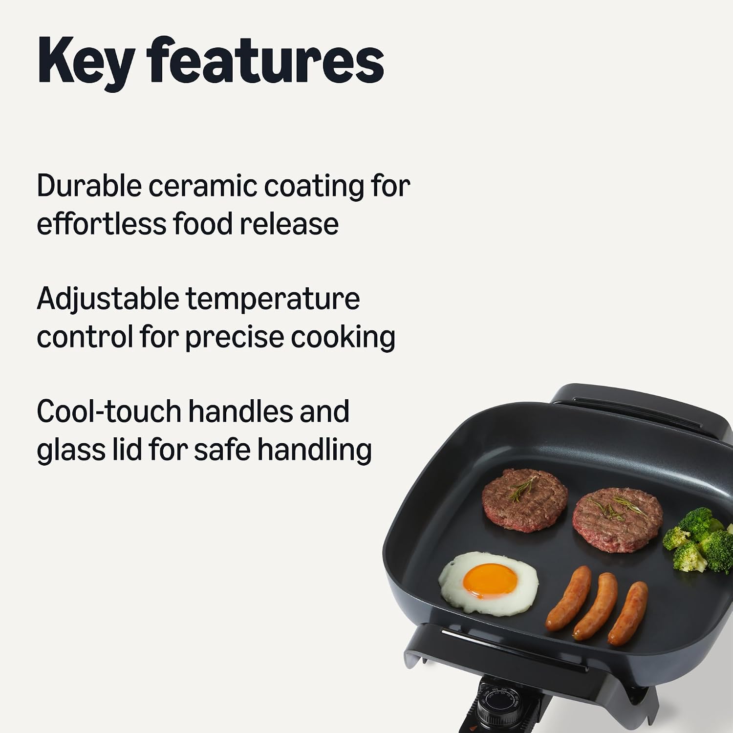 Amazon Basics Electric Skillet And Frying Pan With Glass Lid, Nonstick Ceramic Coating, Adjustable Temperature Control, 15.6 X 12.1 X 6.9 Inch, Black
