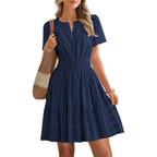 Btfbm Womens Summer 2026 Casual Mini Dresses Lightweight Short Sleeve V Neck Elastic Waist Cute Boho Beach Dress Pockets