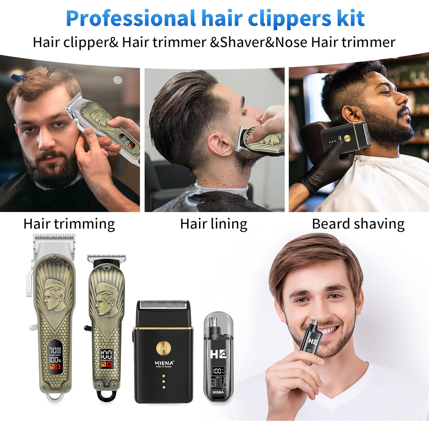 HIENA PRO Professional Hair Clippers for Men, Cordless Hair Clipper for Barber Clippers and Trimmer LED Haircut Set with Foil Shaver, Nose Trimmer, Rechargeable Clippers for Men