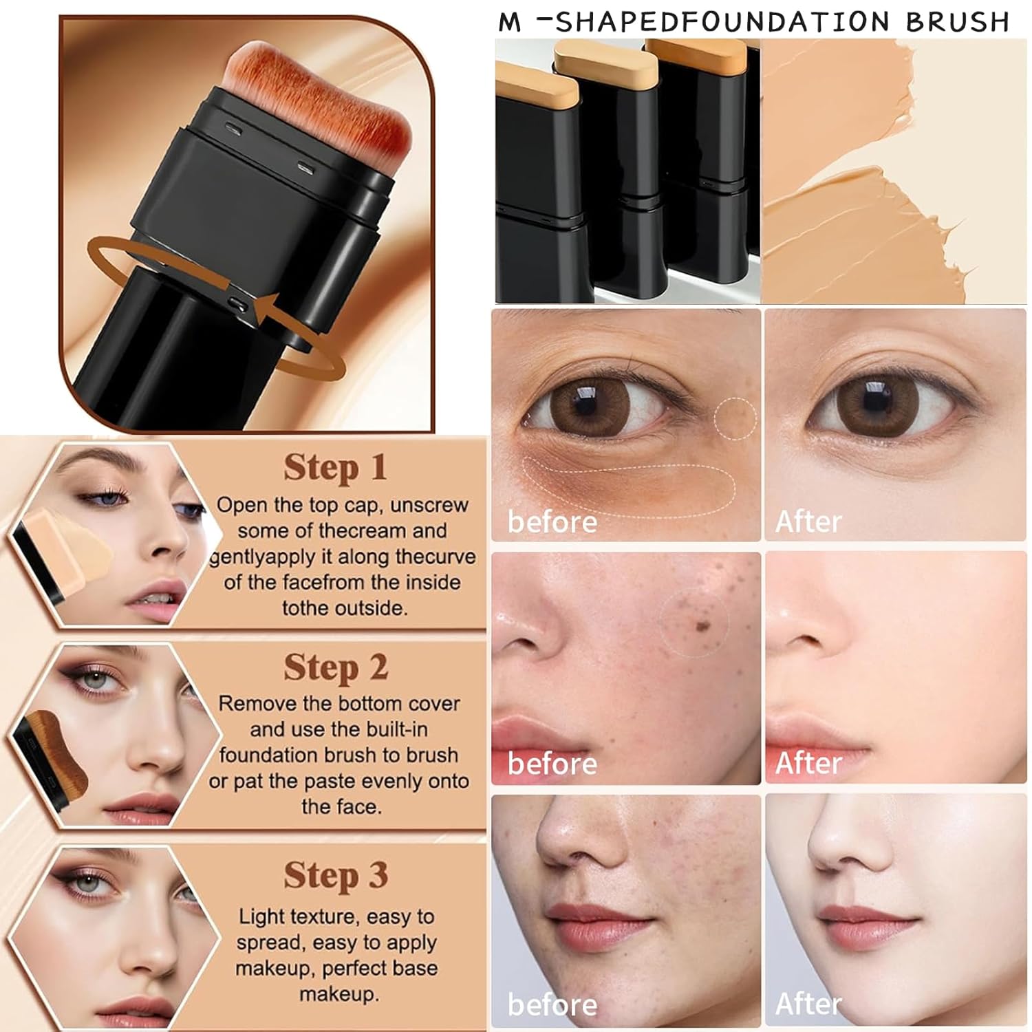 Foundation Stick,2 in 1 Dual-Ended Long-Lasting & Waterproof Concealer Korean Foundation Contour Sticks,Contouring Foundation with Brush,Full Coverage Matte Finish for Face Makeup(02NATURAL)