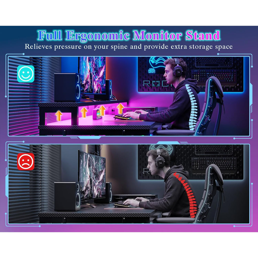 Furologee 47" Gaming Desk With Led Lights & Usb-C Port, Reversible Computer Desk With Monitor Stand, Storage Shelves & 2 Fabric Drawers, Gaming Table With Power Outlets & Hooks, Carbon Fiber Black