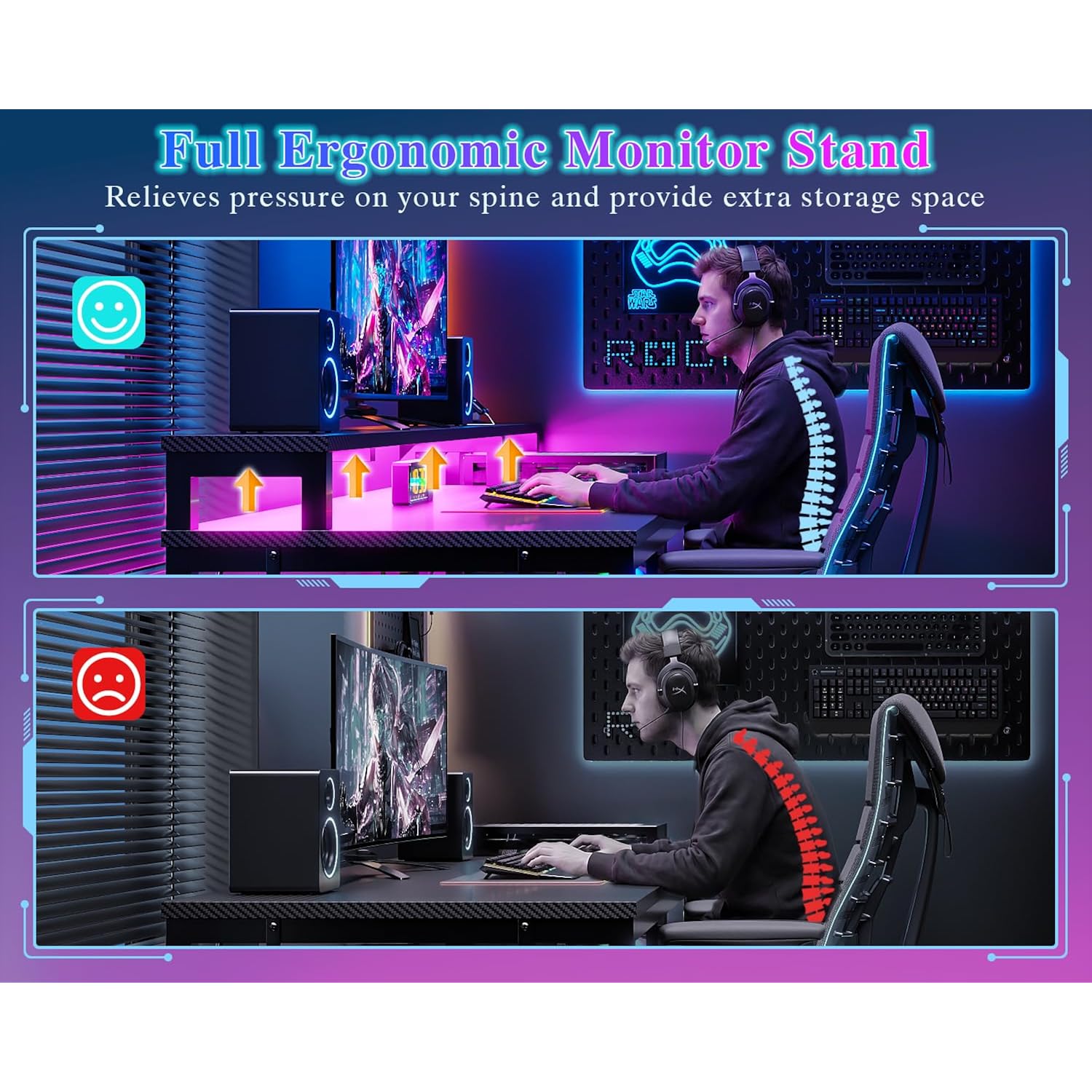 Furologee 47" Gaming Desk With Led Lights & Usb-C Port, Reversible Computer Desk With Monitor Stand, Storage Shelves & 2 Fabric Drawers, Gaming Table With Power Outlets & Hooks, Carbon Fiber Black