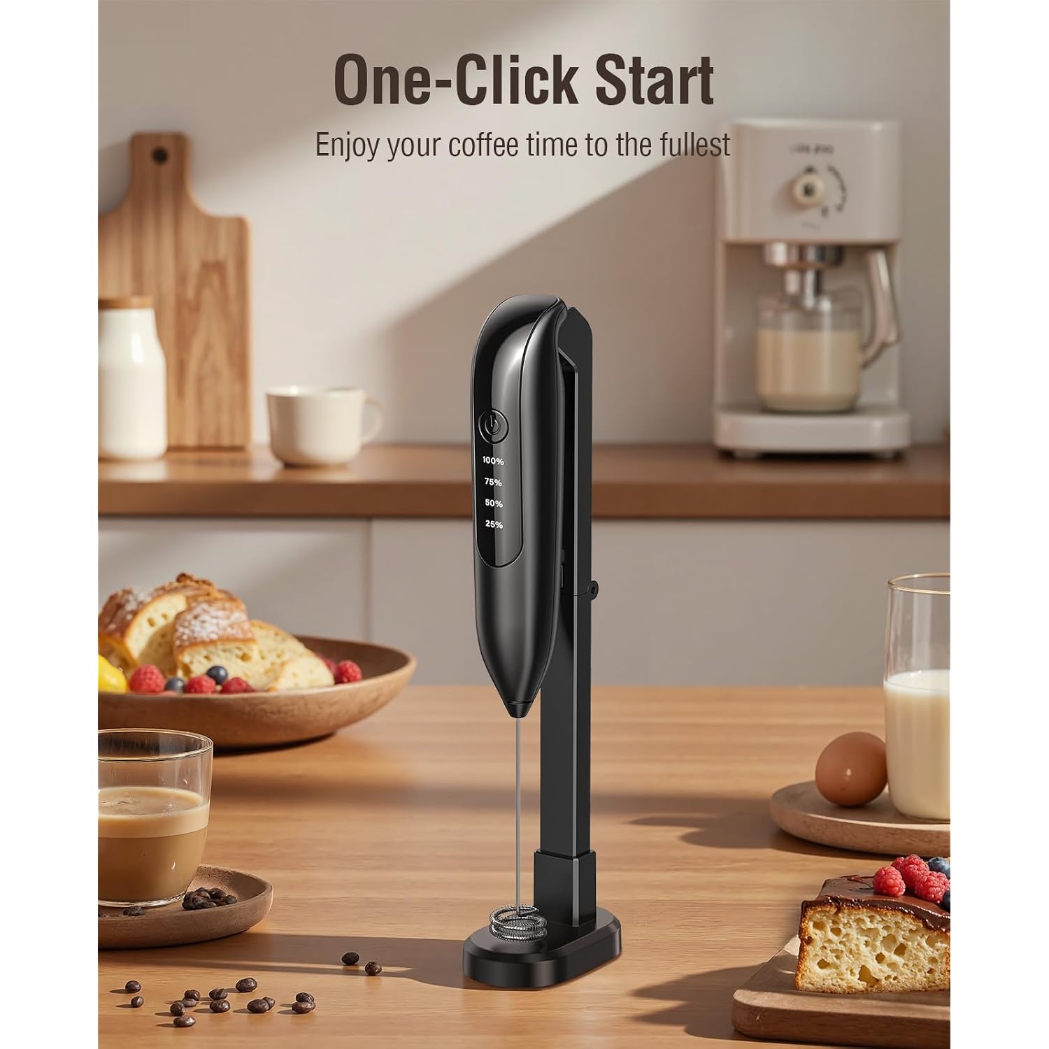 Electric Milk Frother Handheld: Coffee Frother Rechargeable 𝟑 𝐢𝐧 𝟏 - Led Display, Adjustable Wireless Charging - 3 Speeds, Stainless Steel Whisk For Latte, Cappuccino - Bright Black