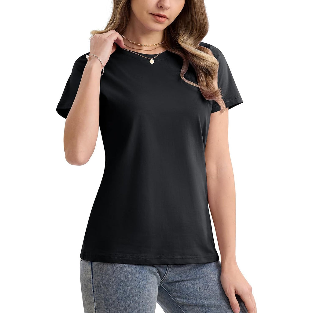 Smeng Women'S Cotton Crewneck T-Shirts Short Sleeve Basic Solid Color Tee Classic-Fit Shirt Breathable Comfy Summer Top