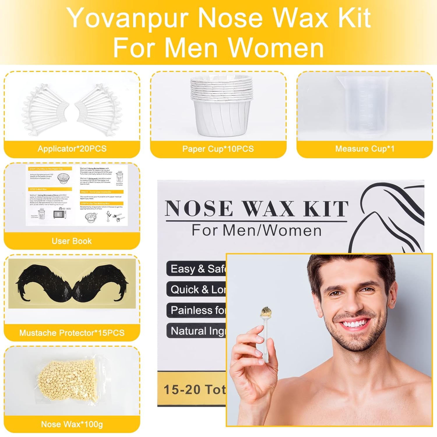 Nose Wax Kit for Men Women, Yovanpur Nose Hair Waxing Kit with 100g Nose Hair Wax Beads (15-20 USES), 20 Applicator, 15 Mustache Protector, 10 Paper Cups, 1 Measuring Cup - Easy, Quick and Painless