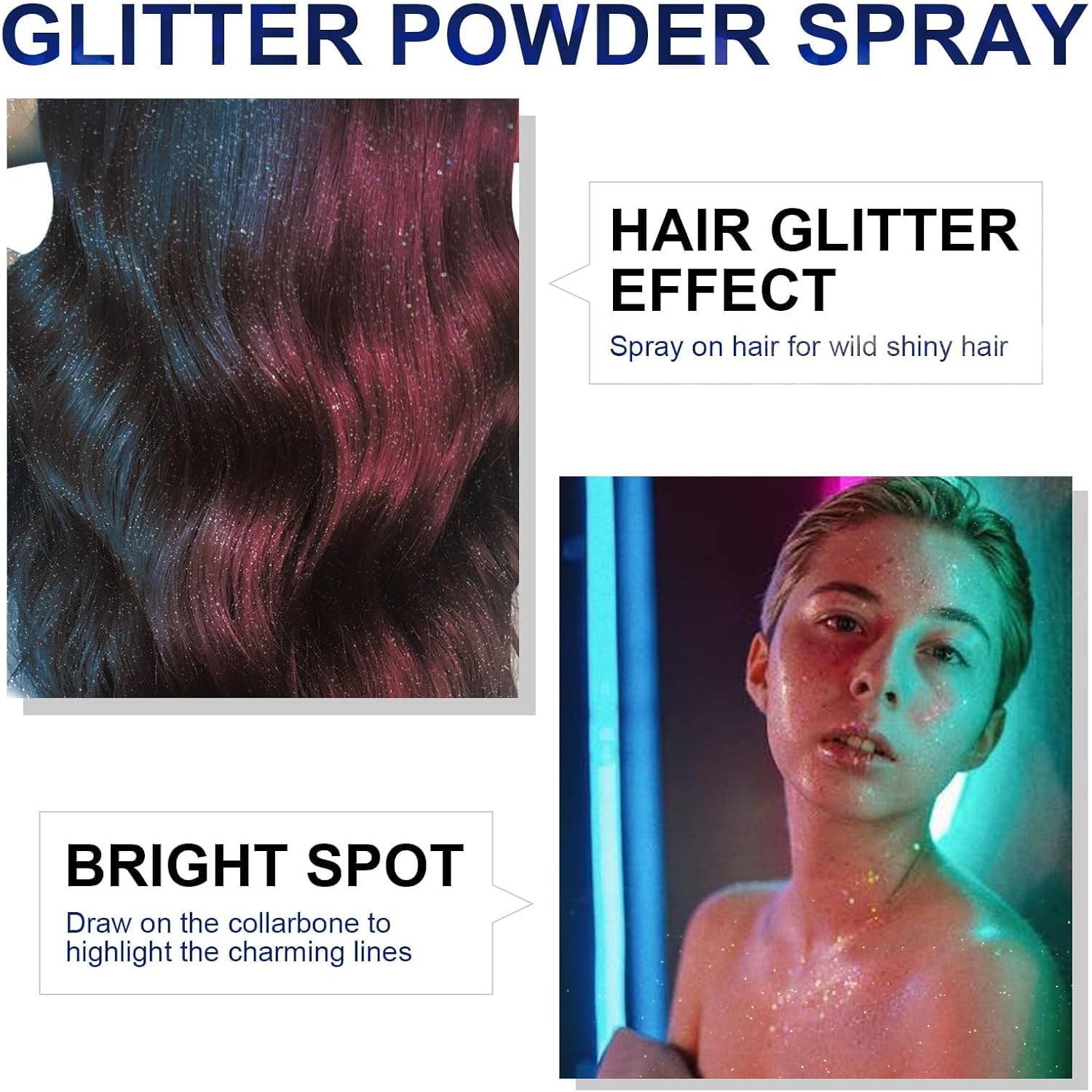 HANYWIL Holographic Body Glitter Spray-Waterproof Long-Lasting Shimmer for Hair,Skin & Clothes,Quick-Dry Sparkle for Concerts,Festivals,Weddings,Stage Makeup,Easy Wash Off,2.11 Fl Oz