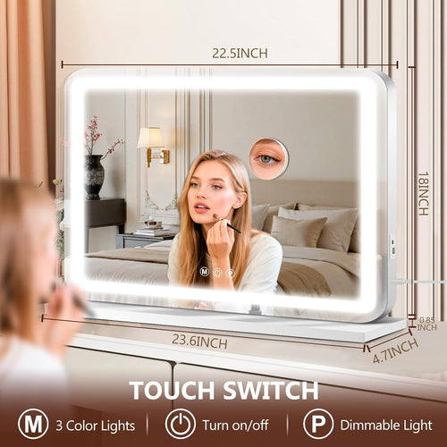 23" X 18" Vanity Mirror With Lights, Led Lighted Makeup Mirror With 3 Color Dimmable Lights, Touch Control, Usb Charging Port, Gifts For Women Wife Teengirls