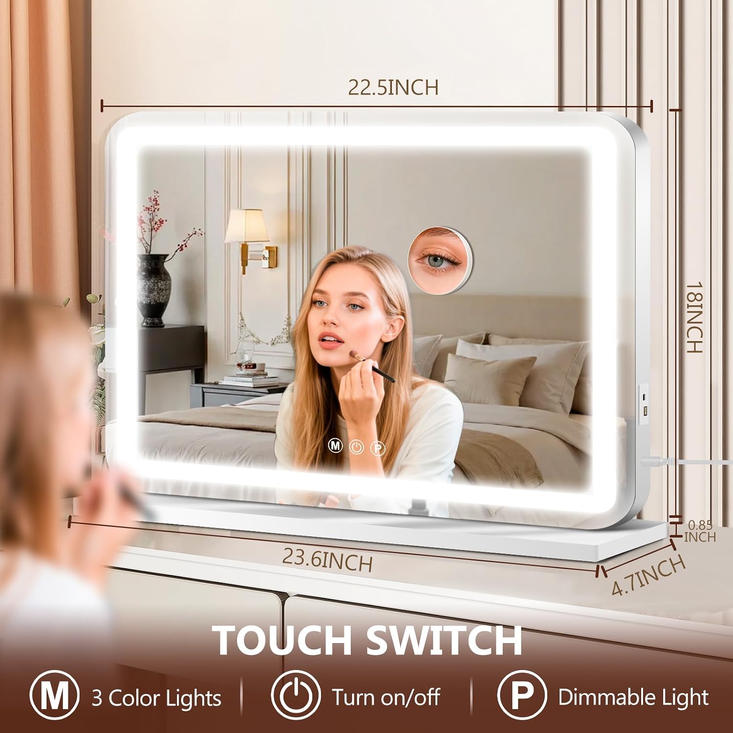23" X 18" Vanity Mirror With Lights, Led Lighted Makeup Mirror With 3 Color Dimmable Lights, Touch Control, Usb Charging Port, Gifts For Women Wife Teengirls