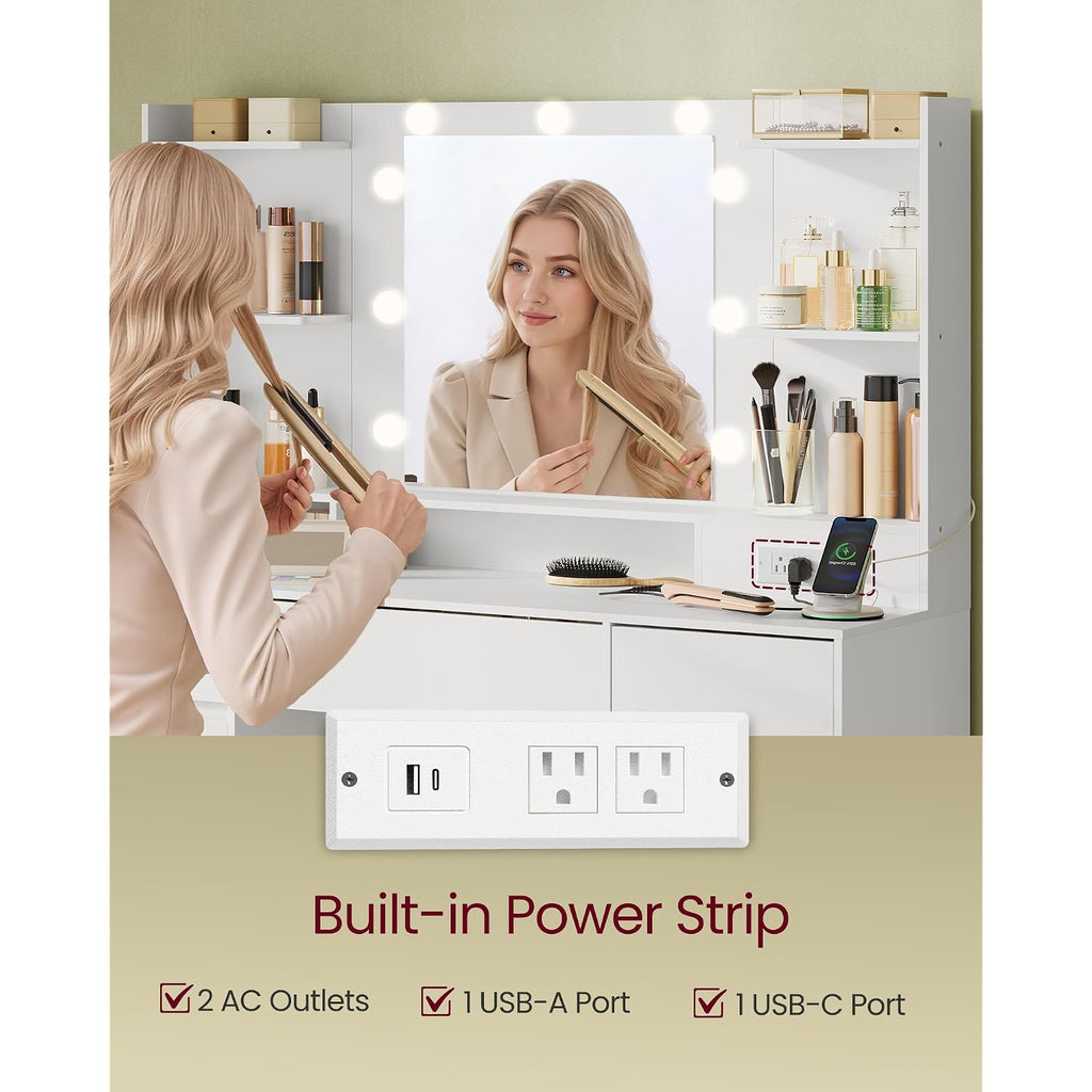 Vasagle Kailyn Collection - Vanity Desk With Mirror And 9 Led Bulbs, Modern Vanity Makeup Table With Power Outlets, Dressing Table With 9 Drawers, For Bedroom, Cloud White Urdt141Wb01S