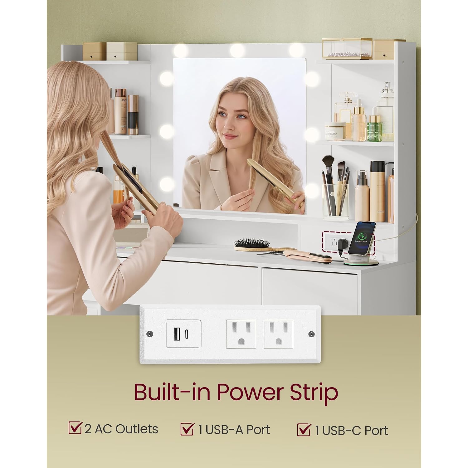Vasagle Kailyn Collection - Vanity Desk With Mirror And 9 Led Bulbs, Modern Vanity Makeup Table With Power Outlets, Dressing Table With 9 Drawers, For Bedroom, Cloud White Urdt141Wb01S