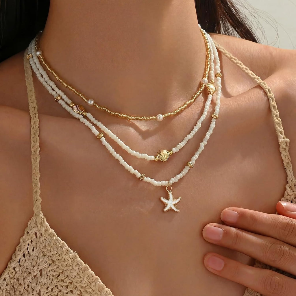 Shell Starfish Necklace for Women, 14k Gold Plated Boho Layered Beaded Charm Pendant Necklace, Dainty Adjustable Pearl Conch Summer Beach Vacation Jewelry Gifts