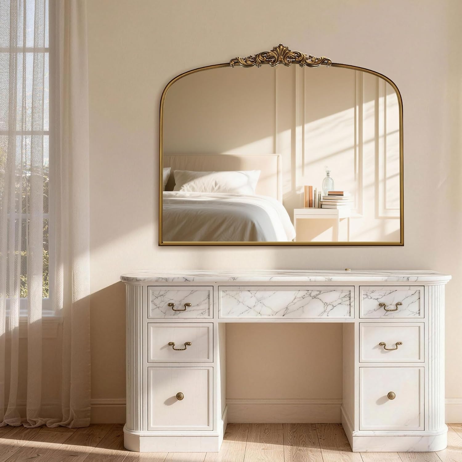 Vintage Gold Mirror 36"X30" Arched Antique Wall Mirror | Metal Frame, Hd Tempered Glass, Include Wall Mount Screws,Ideal For Entryway, Fireplace, Living Room, Hallway Or Wall Decor