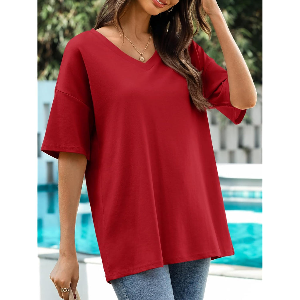 Ebifin Womens Oversized Tshirts V Neck Tee Shirts Half Sleeve Loose Fit T Shirt Cotton Tunic Tops