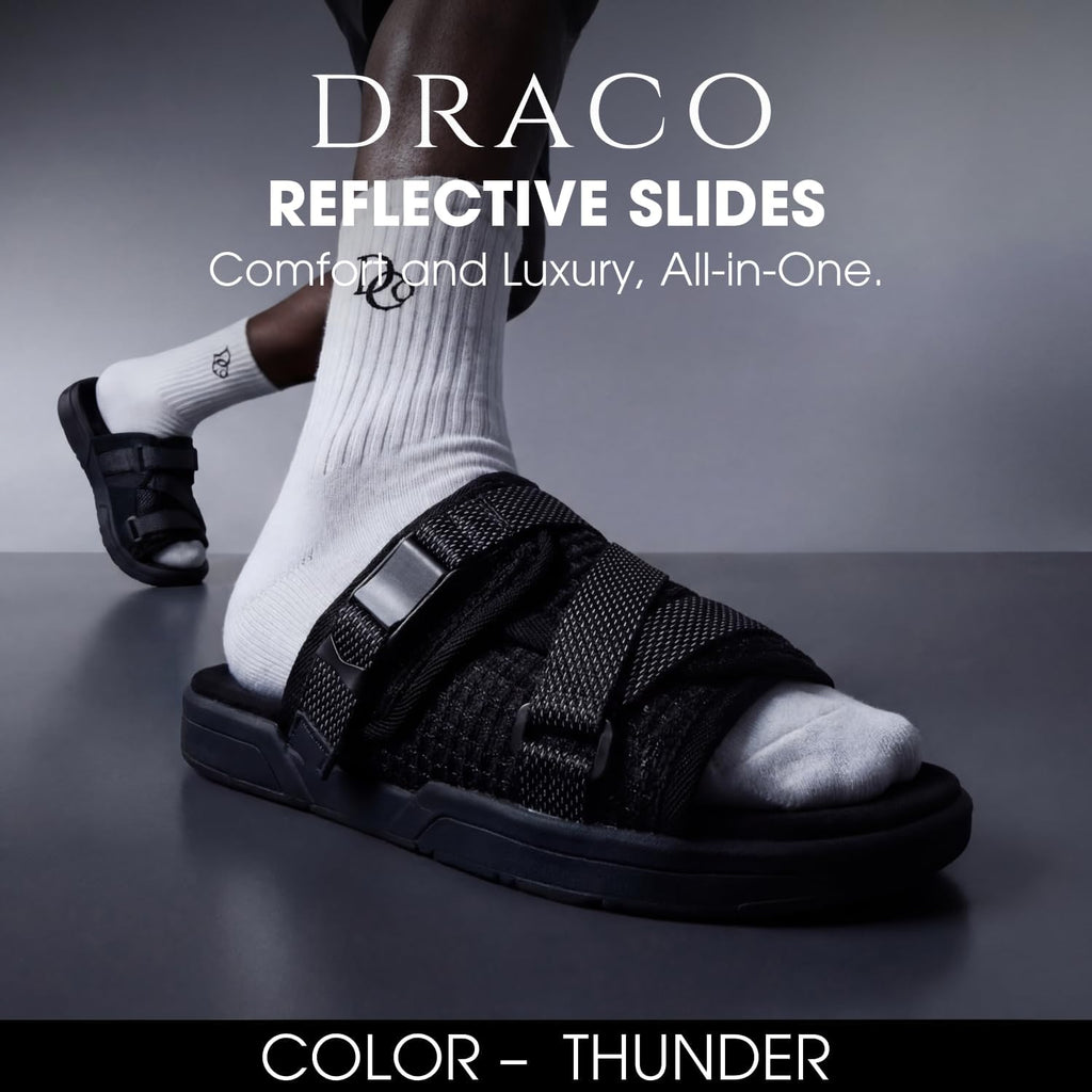 Draco Dracoslides Reflective Slides For Men And Women, Wrapped In Reflective 3M With Adjustable Straps For Wide/Narrow Feet, Sandals With Arch Support & Slip Resistant, Men & Women Footwear, Black