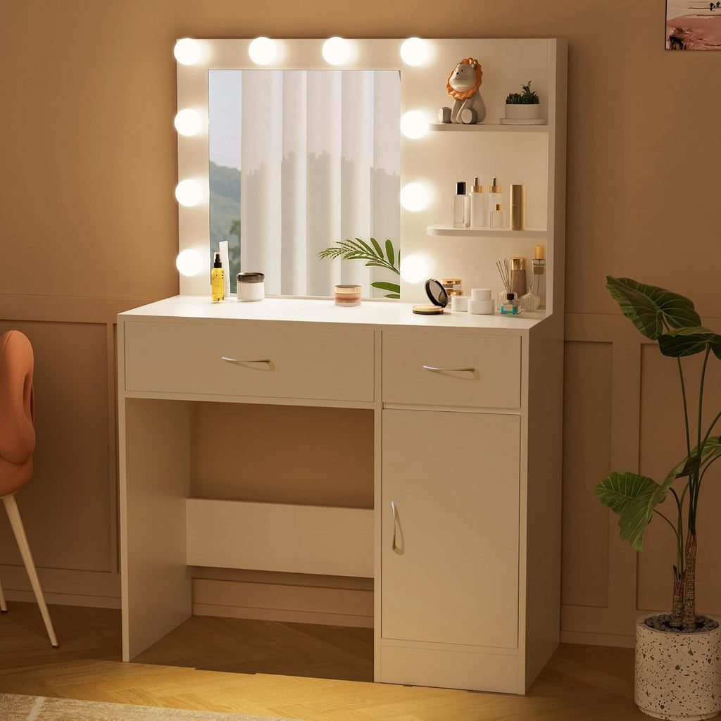 Livelyglow 35.4" White Makeup Vanity Desk With 10 Hollywood Light Bulbs | Dimmable Lighting, Large Mirror, Storage Cabinet