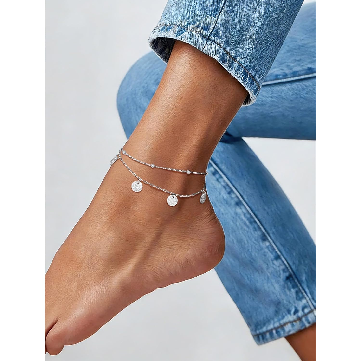 U7 Silver/Gold Ankle Bracelets for Women Layered Chain Anklets Stainless Steel Waterproof Summer Beach Anklet Charm, Adjustable 8.5"-10.5"