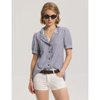 Lomon Button Down Shirts For Women Dressy Casual Puff Short Sleeve Ruffle Blouses Office Tops Work Shirt