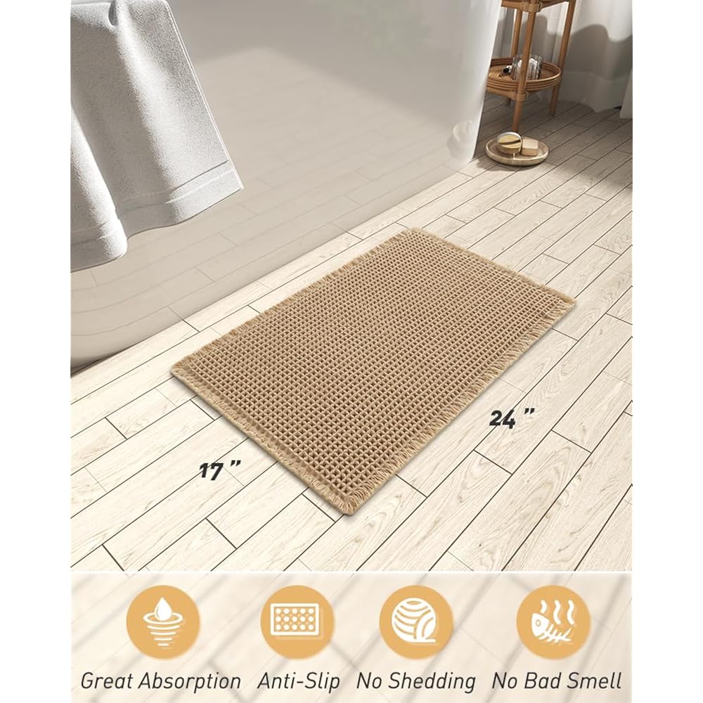 AMOAMI Upgraded Waffle Bath Mat, Super Absorbent Non Slip Bath Mats for Bathroom Floor, Machine Washable Bathroom Rugs with Tassels, Rubber Backed Bathroom Mats, Ultra Soft, 17" x 24", Brown