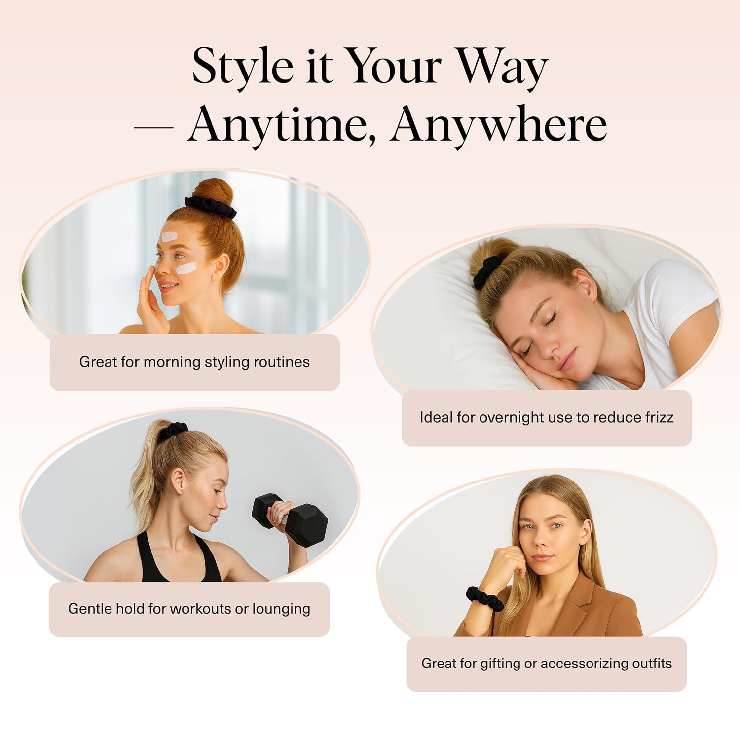 Kitsch Satin Scrunchies For Women - No Crease, Frizz Control | Softer Than Silk Scrunchies Gentle On Hair Scrunchies For All Hair Types | Stylish Hair Accessories College Essentials - Black, 5Pcs