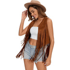 Women'S Fringe Vest 60S 70S Hippie Vest Sleeveless Cowgirl Western Faux Suede Tassel Leather Jacket Hippie Party