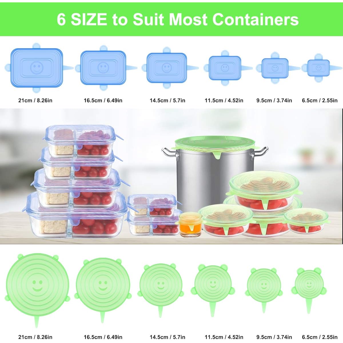 Silicone Stretch Lids for Food Storage in Fridge, 12 Pack Silicone Lids, Reusable Food Grade Silicone Bowl Covers for Cups, Bowls and Dish, 6 Sizes Round and Rectangle Shape