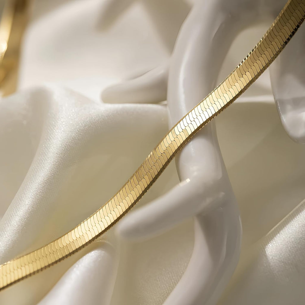 Gold Chain for Women & Men,14K Gold Necklace for Women &Men Flat Snake Chains Womens Herringbone Choker Chains Necklaces 4MM 18in/20in/22in/24inchs