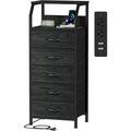 5 Drawers Dresser With Charging Station, Fabric Chest Of Drawers With Open Shelf, Tall Night Stand, Bedside Table For Closet, Entryway, Bedroom Furniture, 3 Ways To Use, Black Oak