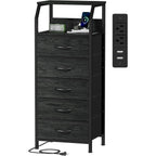 5 Drawers Dresser With Charging Station, Fabric Chest Of Drawers With Open Shelf, Tall Night Stand, Bedside Table For Closet, Entryway, Bedroom Furniture, 3 Ways To Use, Black Oak