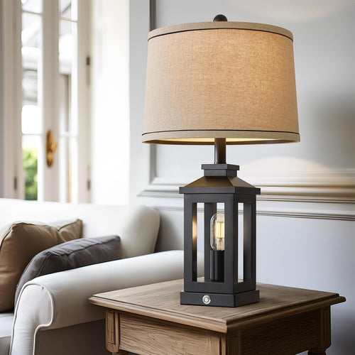 23.75" Retro Farmhouse Black Table Lamp For Living Room Bedroom Nightstand Single Pack Touch Control Bedside Nightlight Vintage Modern Lamp With Usb C+A Ports And 2 Light Sources