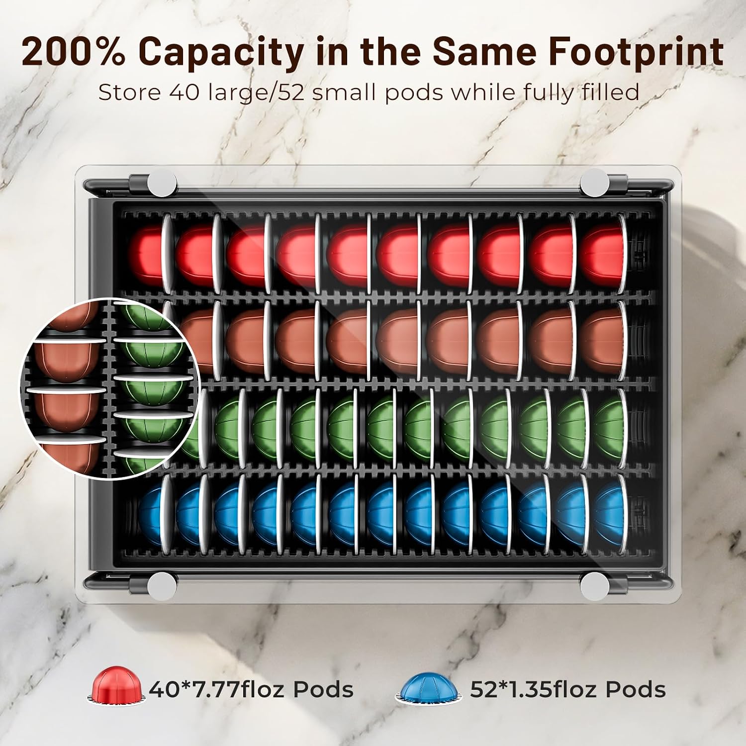 Everie Nespresso Vertuo Pod Holder Drawer, Coffee Pod Organizer With Universal Slots, Holds 40 Large Or 52 Small Capsules, Tempered Glass Top Storage Drawer For Coffee Makers, 12" X 16.5" X 3.5"