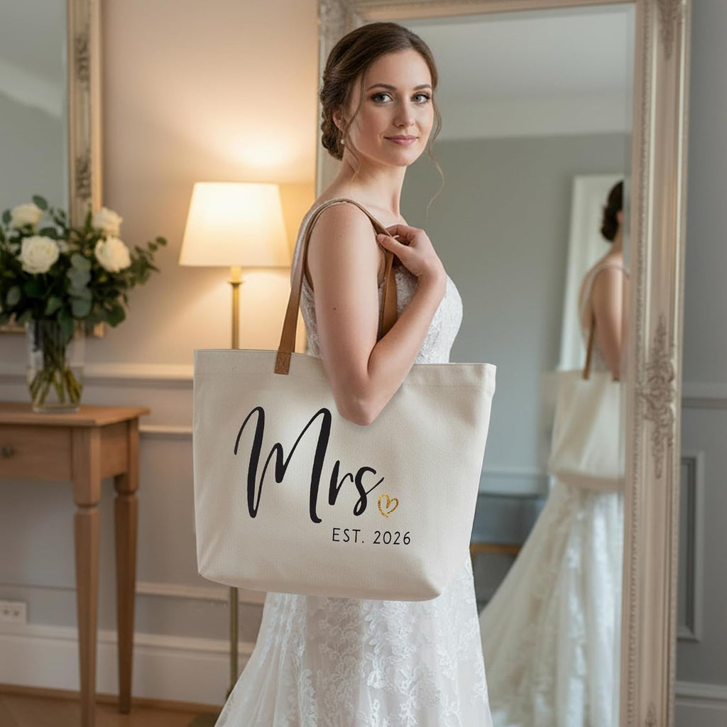 ELEGANTPARK Mrs Gifts for Bride 2026 - Large Canvas Wedding Tote Bag with Zipper, Bridal Shower Gift for Bride to Be, Bachelorette Party Honeymoon Beach Bag