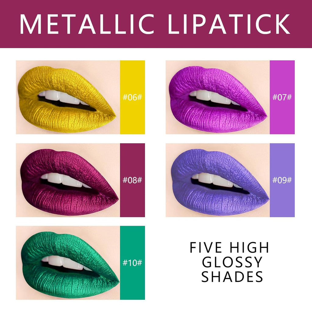 KYDA 10 Colors Matte Metallic Lip Gloss Set, Green Lipstick Metallic Lipstick Set, Non-Stick Cup Long Wear Lip Glaze, High Pigmented Lipstick Cosmetic Gift Kit for Glossy and Full Matte Lip Gloss