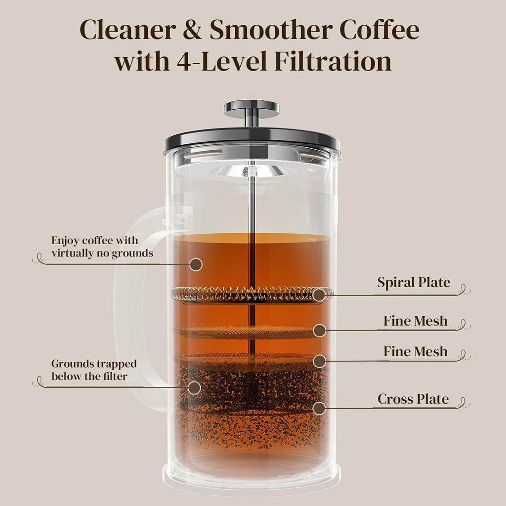 Veken French Press Coffee Maker 34oz, No Plastic Touching Cafe,Thickened Glass Stainless Steel Brewer, Cold Brew Cafetera Tea pot for Kitchen Travel Camping, Gifts, Decor, Bar Accessories, Dark Pewter